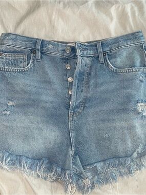Free People Light Blue Button-Front Distressed Denim Shorts